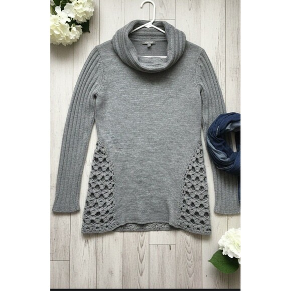 Roz & Ali Gray Ribbed Cowl Neck Sweater Wool Blend Lattice Detail Women’s Medium - Picture 1 of 5